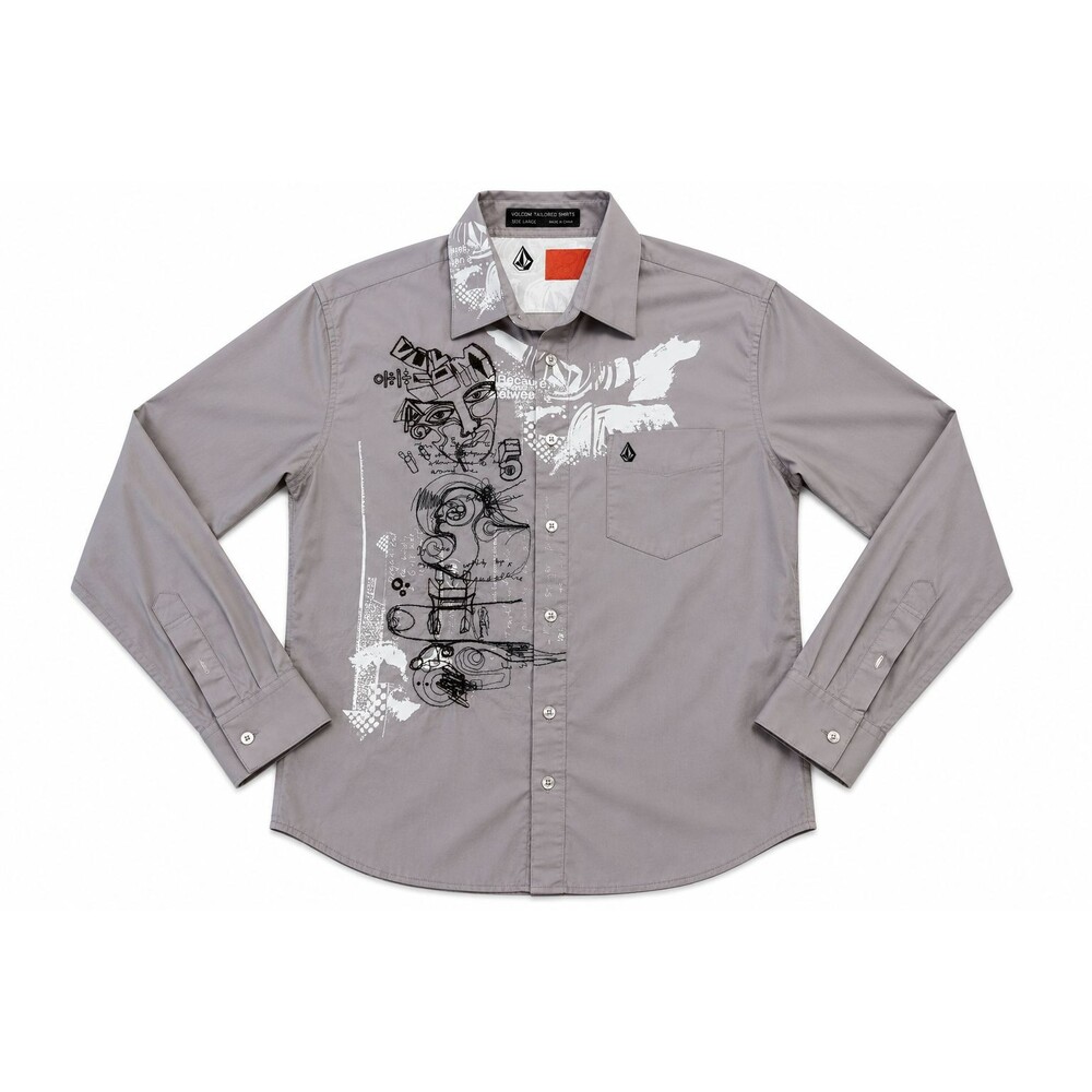 Volcom Tailored Shirts Men's Large Tan Embroidered Graphic Button Down Shirt